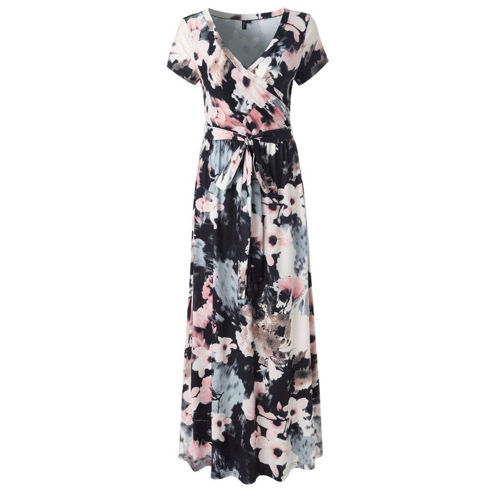 Floral V-Neck Short Sleeve Waist Tied Maxi Dress